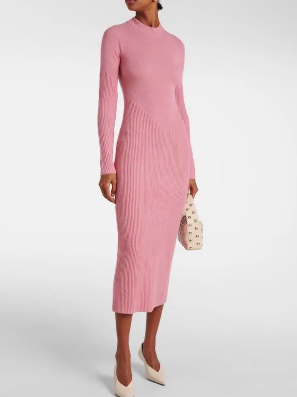 STAUD Pink Ramona Ribbed Long-Sleeve Midi Dress S
